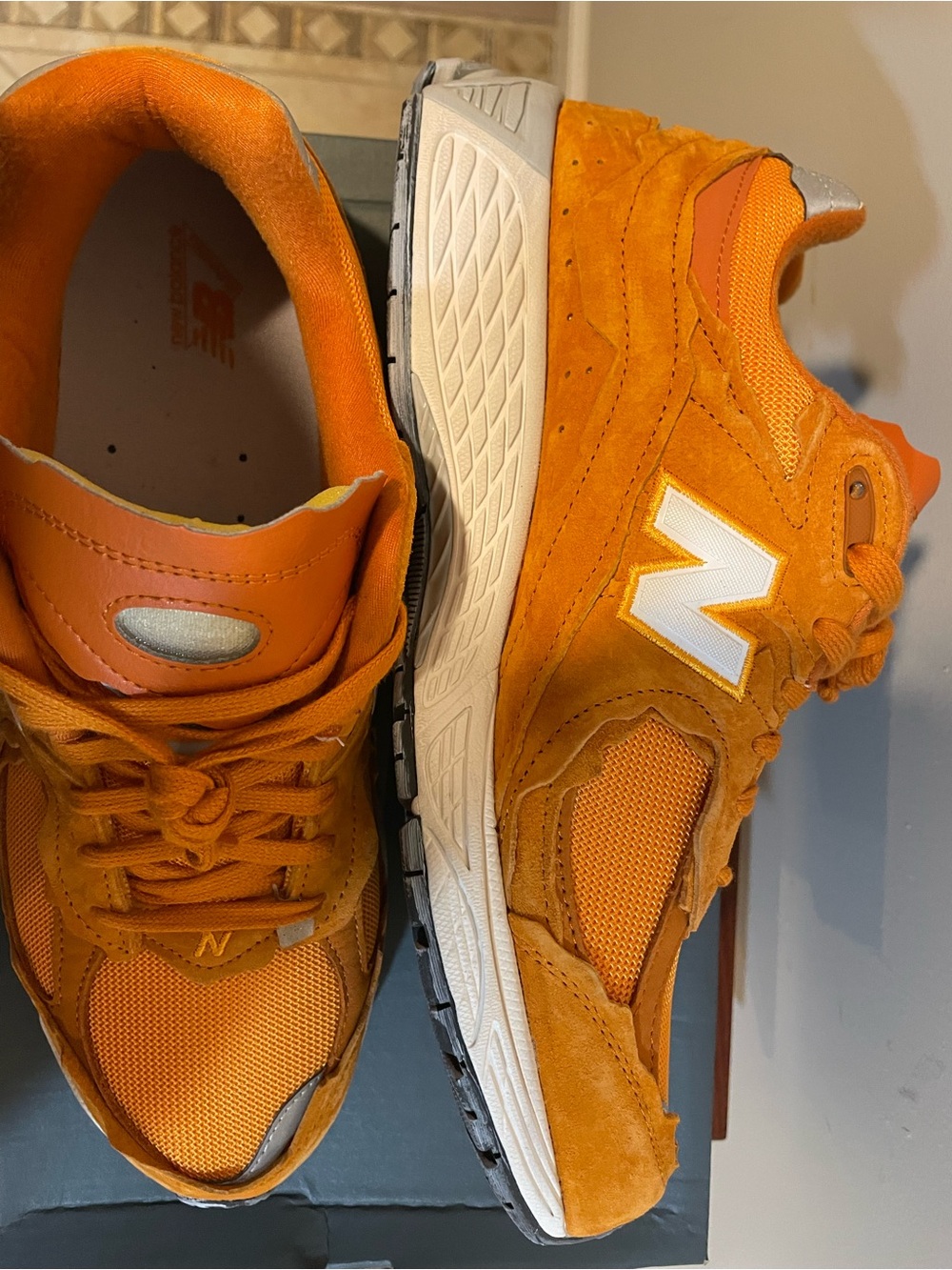 New Balance Kids Orange Suede & Mesh Sneakers - Picture 2 of 3